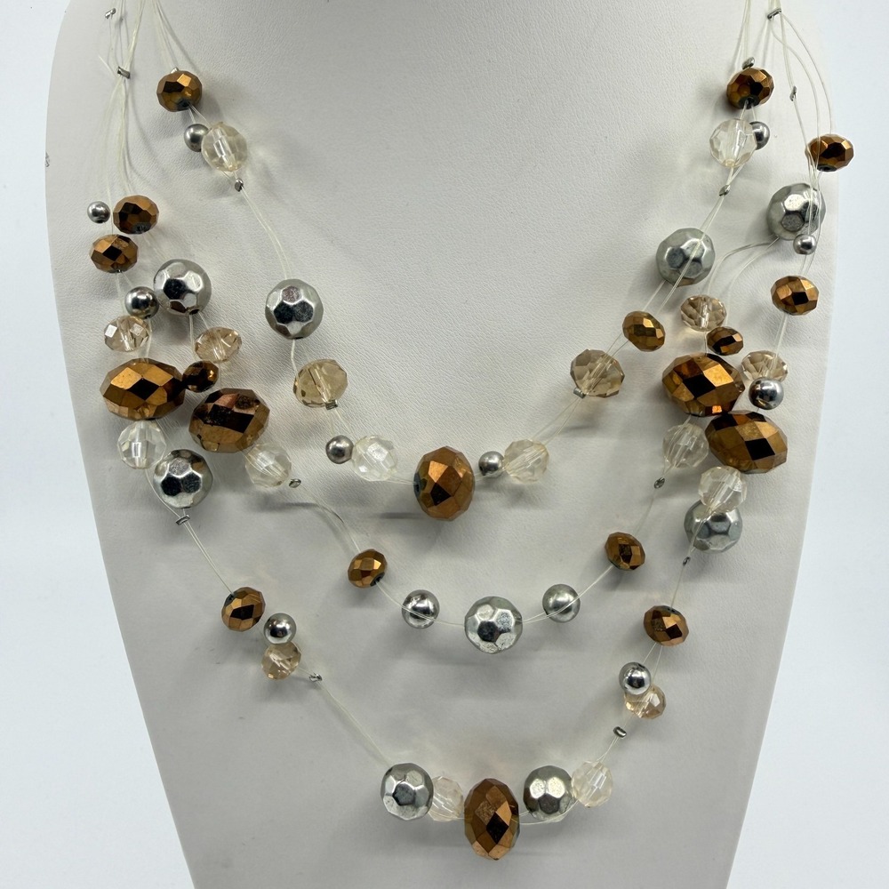 Multi Strand Beads Necklace Bronze & Silver Tone with Clear Crystals - Picture 3 of 13